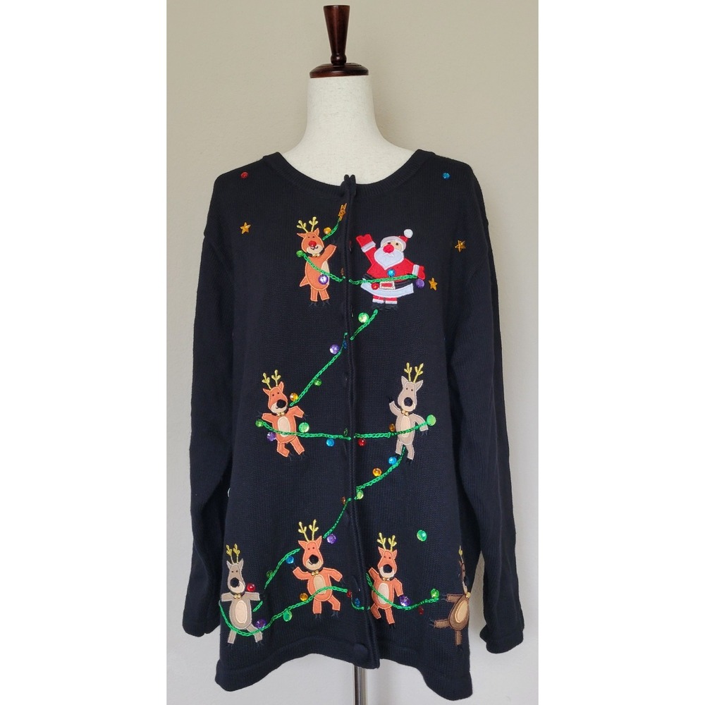 The Quacker Factory Womens Black Christmas Cardigan Sweater Sz 2X New Reindeer